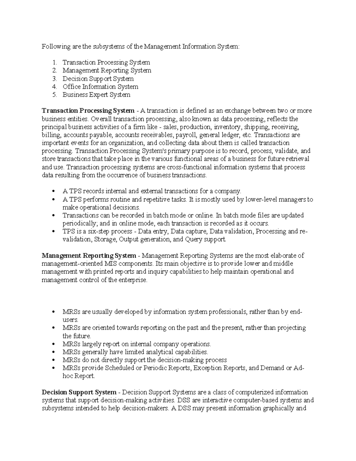 MIS Sub Systems Overview: Transaction, Reporting, and Decision Support ...