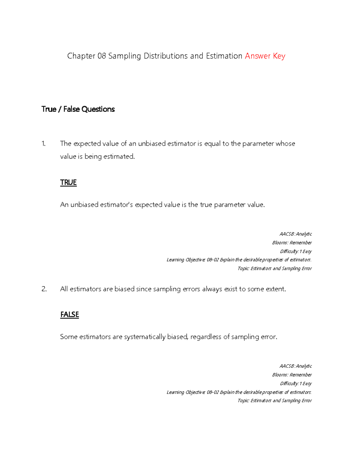 SB Test Bank Chapter 8 - extra - Chapter 08 Sampling Distributions and ...