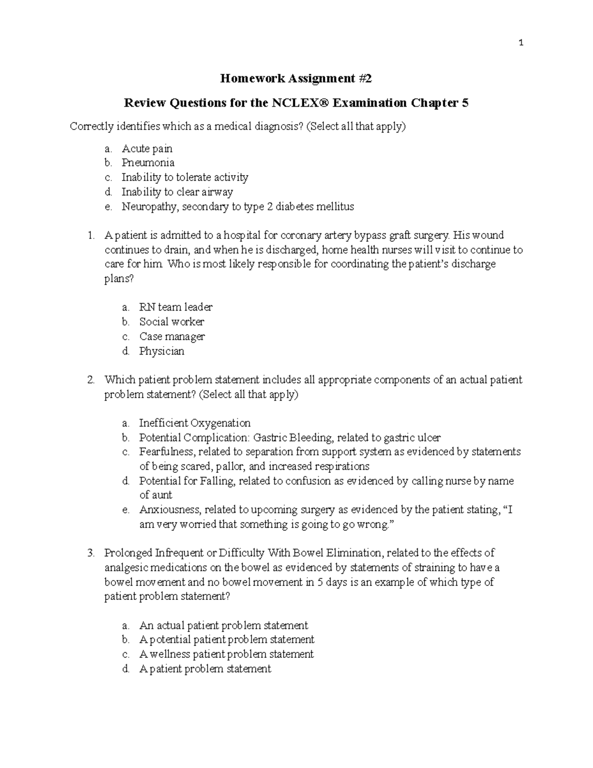 NCLEX Review Questions for Chapter 5 Homework Assignment - Studocu