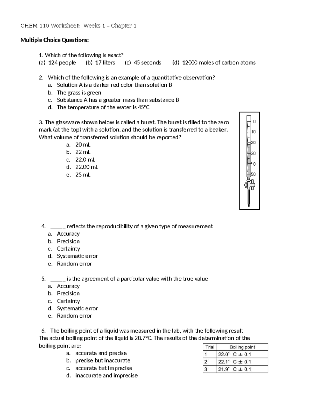 CHEM 110 Worksheet: Week 1 Chapter 1 MCQs and Short Answers - Studocu