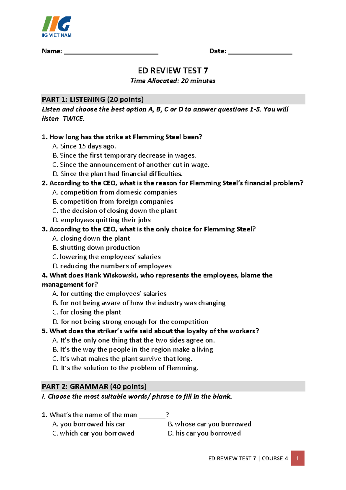 ED 4 Review Test 7: Listening, Grammar & Vocabulary Practice - Studocu