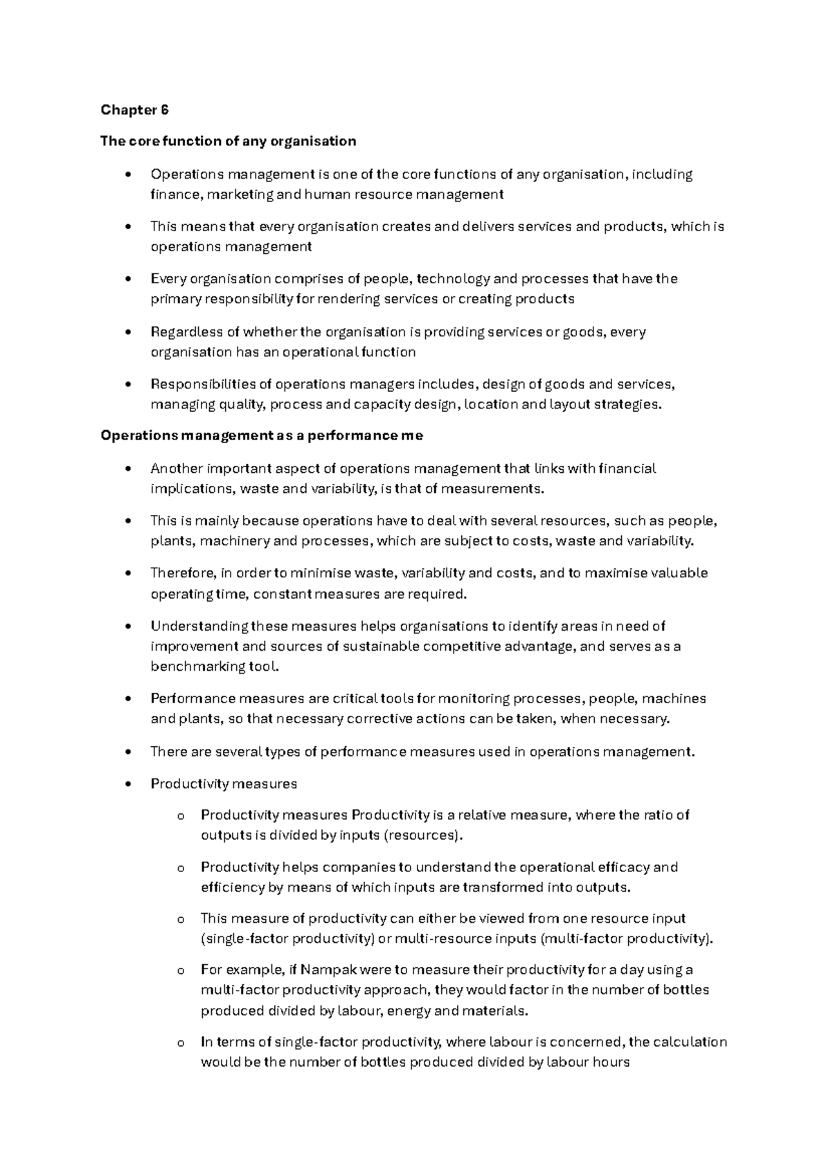 Chapter 6: Operations Management and Performance Measures - Studocu
