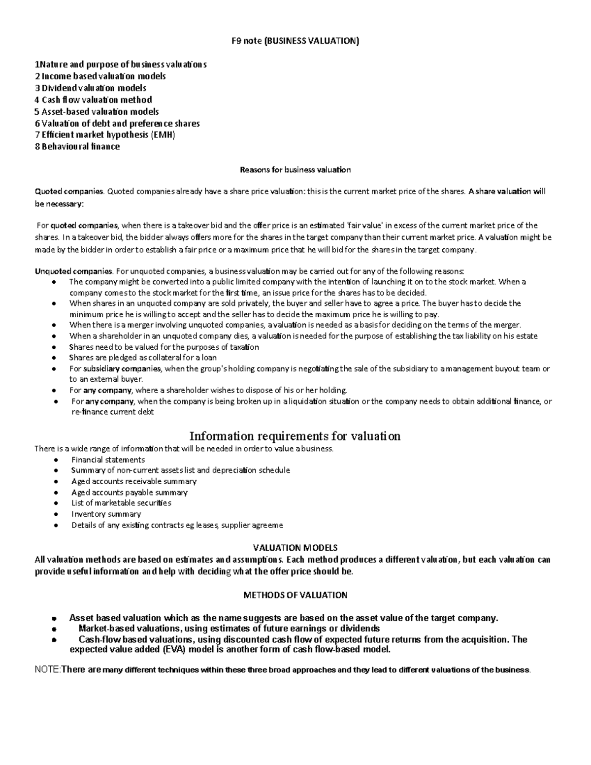 F9 Business Valuation Notes: Key Models and Concepts - Studocu