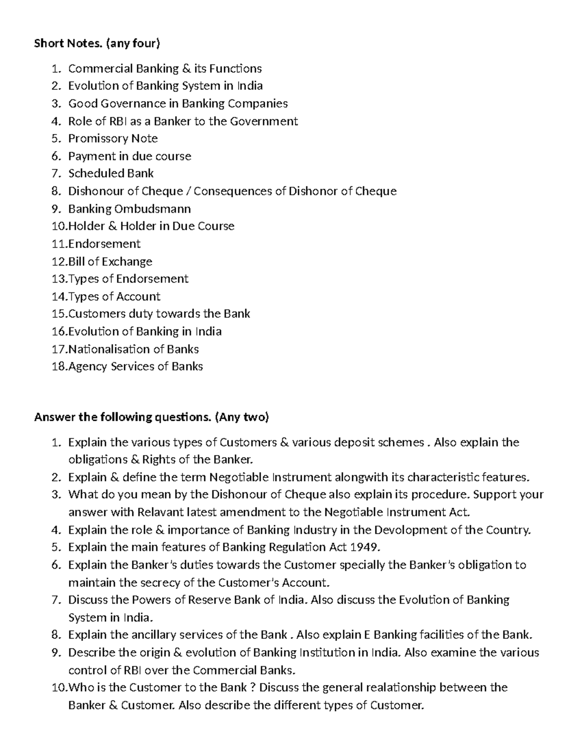 Short Notes on Banking Functions & Legal Aspects (Course Code: BKG101 ...