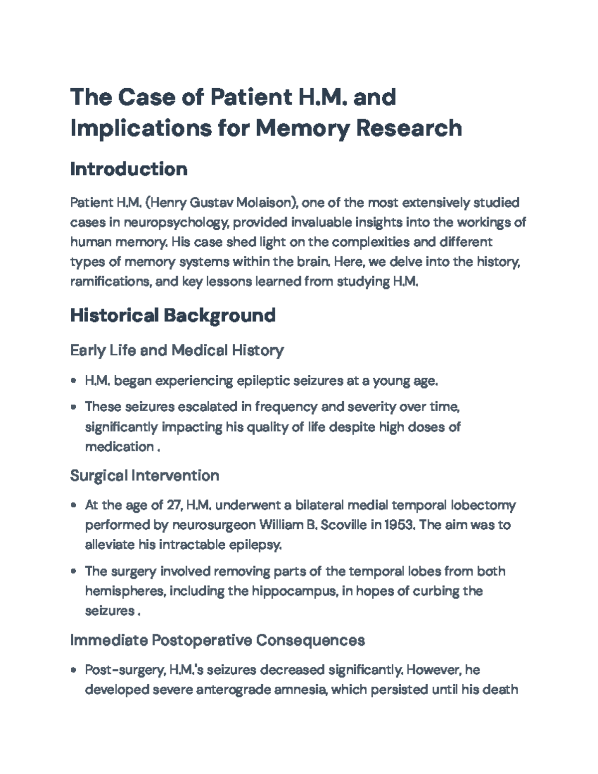The Case of Patient H.M. (Neuropsychology 101): Memory Insights ...