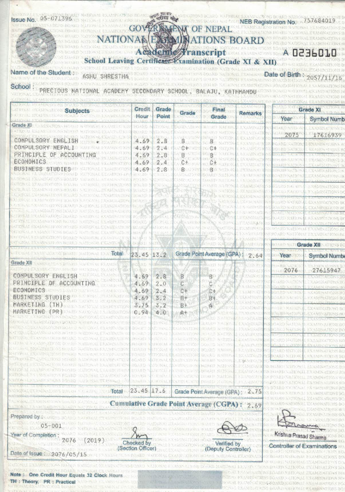 NEB School Leaving Certificate (Grade XI & XII) - Ashu Shrestha - Studocu