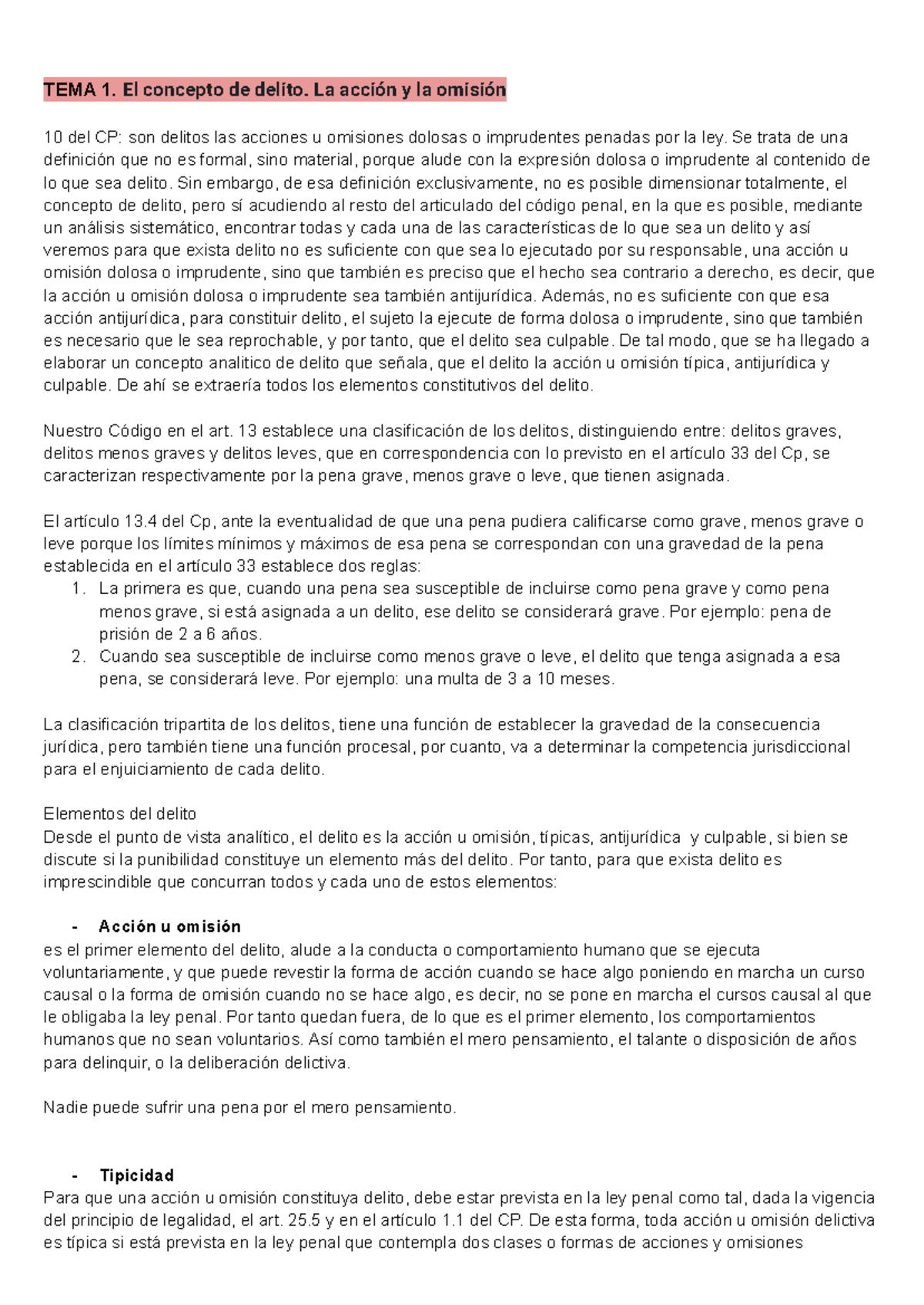 TEMA 1 - Concepto de Delito: Acción, Omisión y Elementos del CP - Studocu