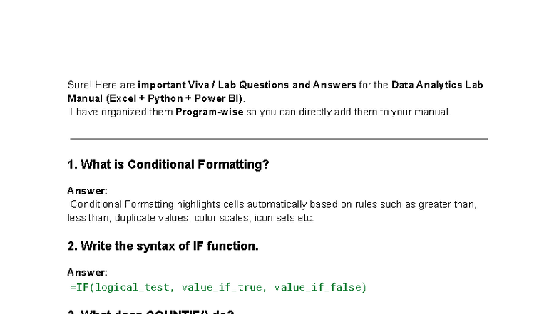 DA-101 Viva Lab Q&A: Key Concepts in Data Analytics - Studocu