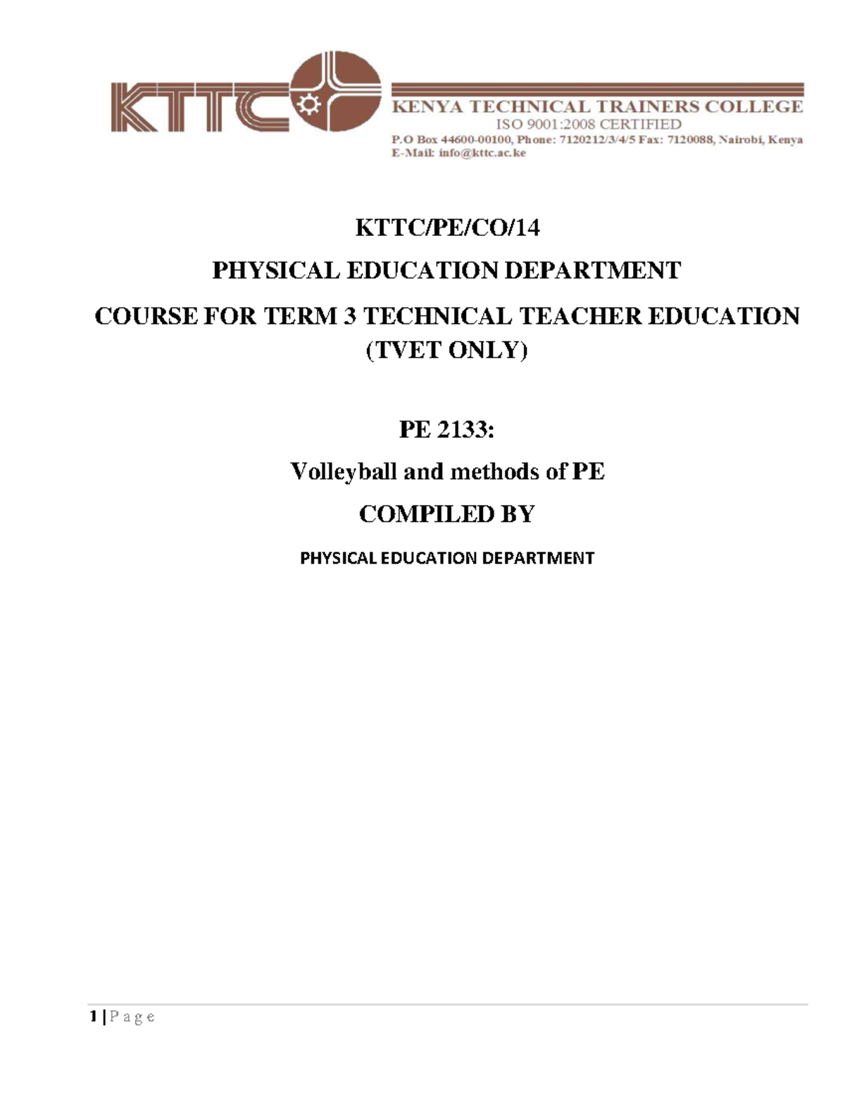 PE 2133: Methods of Teaching Volleyball and Physical Education - Studocu
