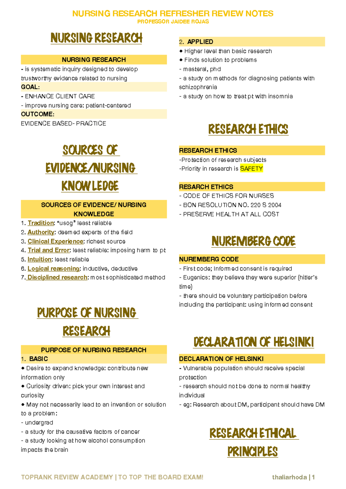 NURS 101: Nursing Research Refresher Review Notes by Prof. Jaidee Rojas ...