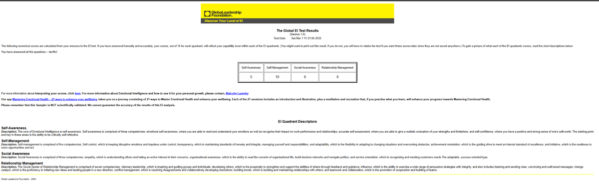 EI - EI test part of coursework for EI PA. - Global Leadership ...