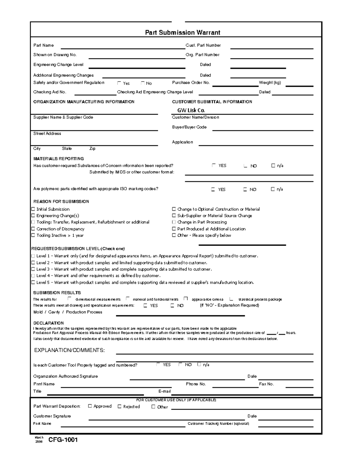 PSW- Part Submission Warrant CFG-1001-41908-6 Format Overview - Studocu