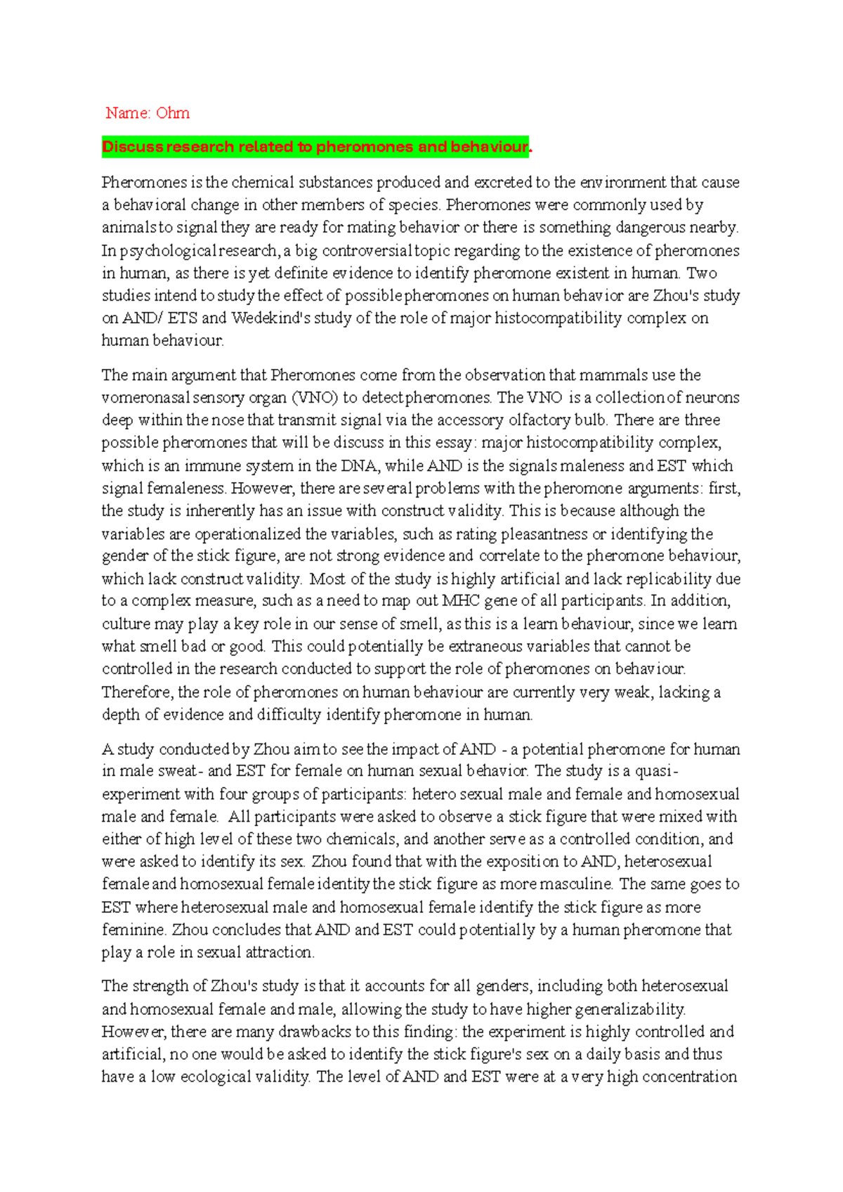 Psychology ERQ: Pheromones and Human Behavior Analysis - Studocu