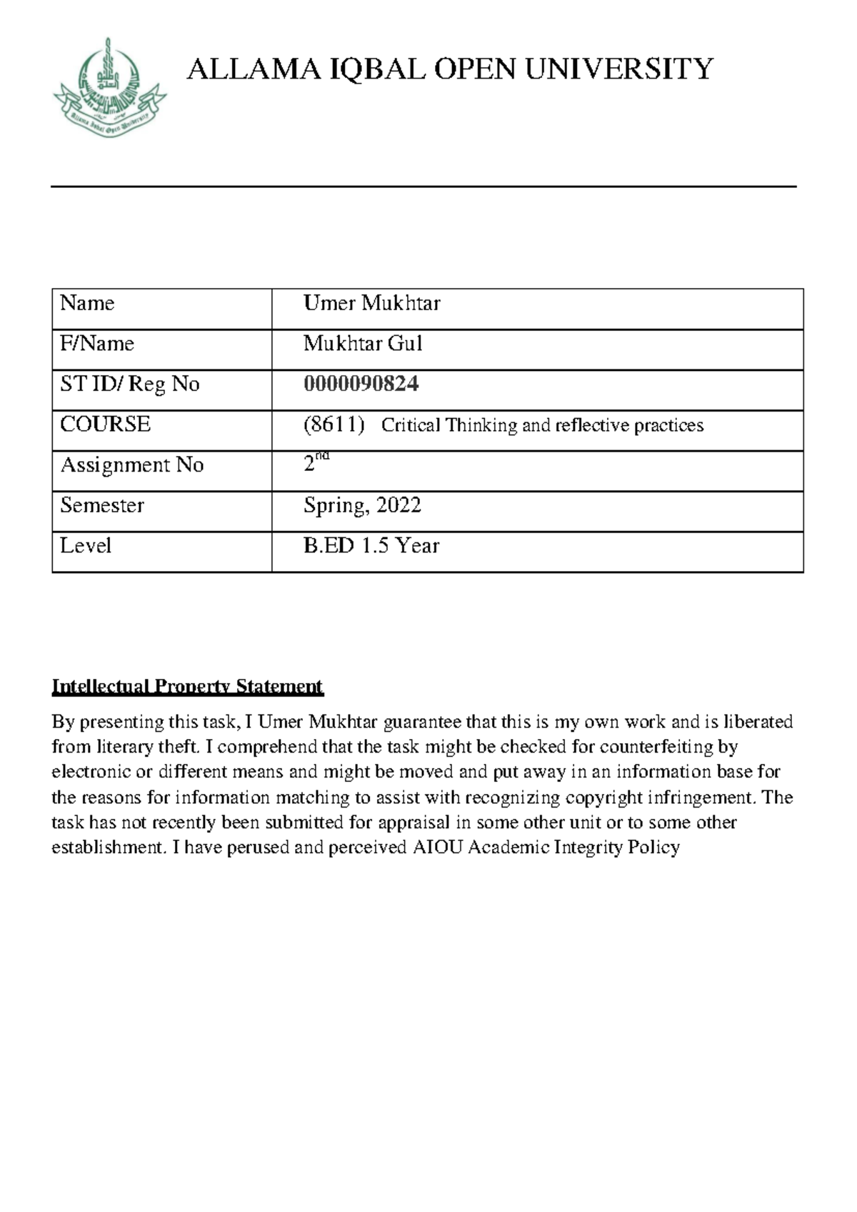 Assignment No-2 (8611) on Critical Thinking & Reflection Practices ...