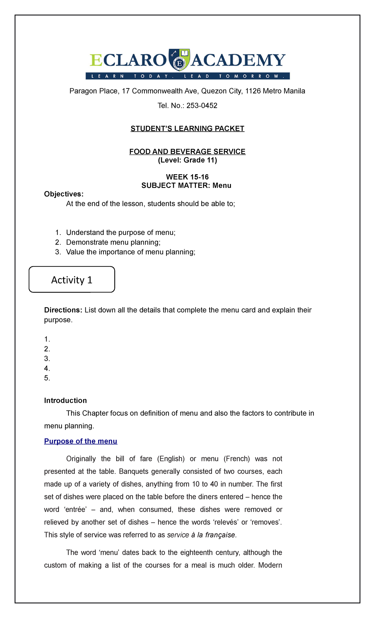 WEEK 15-19 Knowledge of Menu in Food & Beverage Service (Gr 11) - Studocu