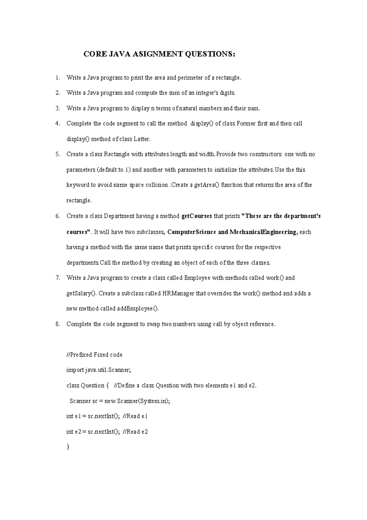 CORE JAVA Asignment Questions BTech CSE-V - CORE JAVA ASIGNMENT ...