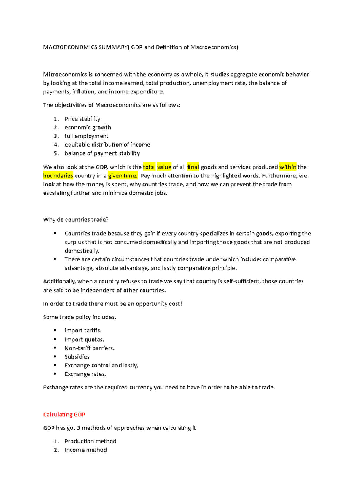 MACRO 101: Key Macroeconomics Concepts and GDP Calculation Summary ...