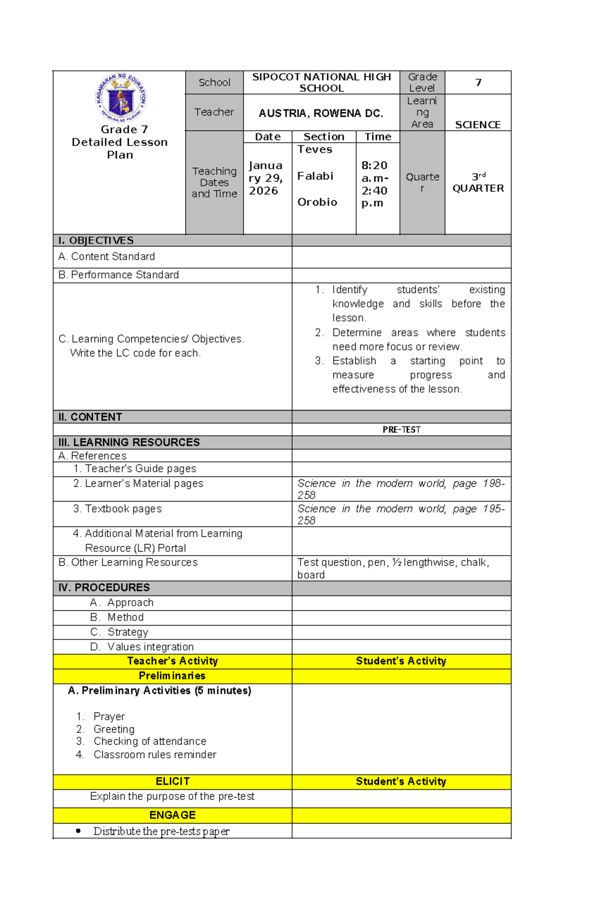 Grade 7 Science Lesson Plan for Pre-Test (3rd Quarter) - Studocu