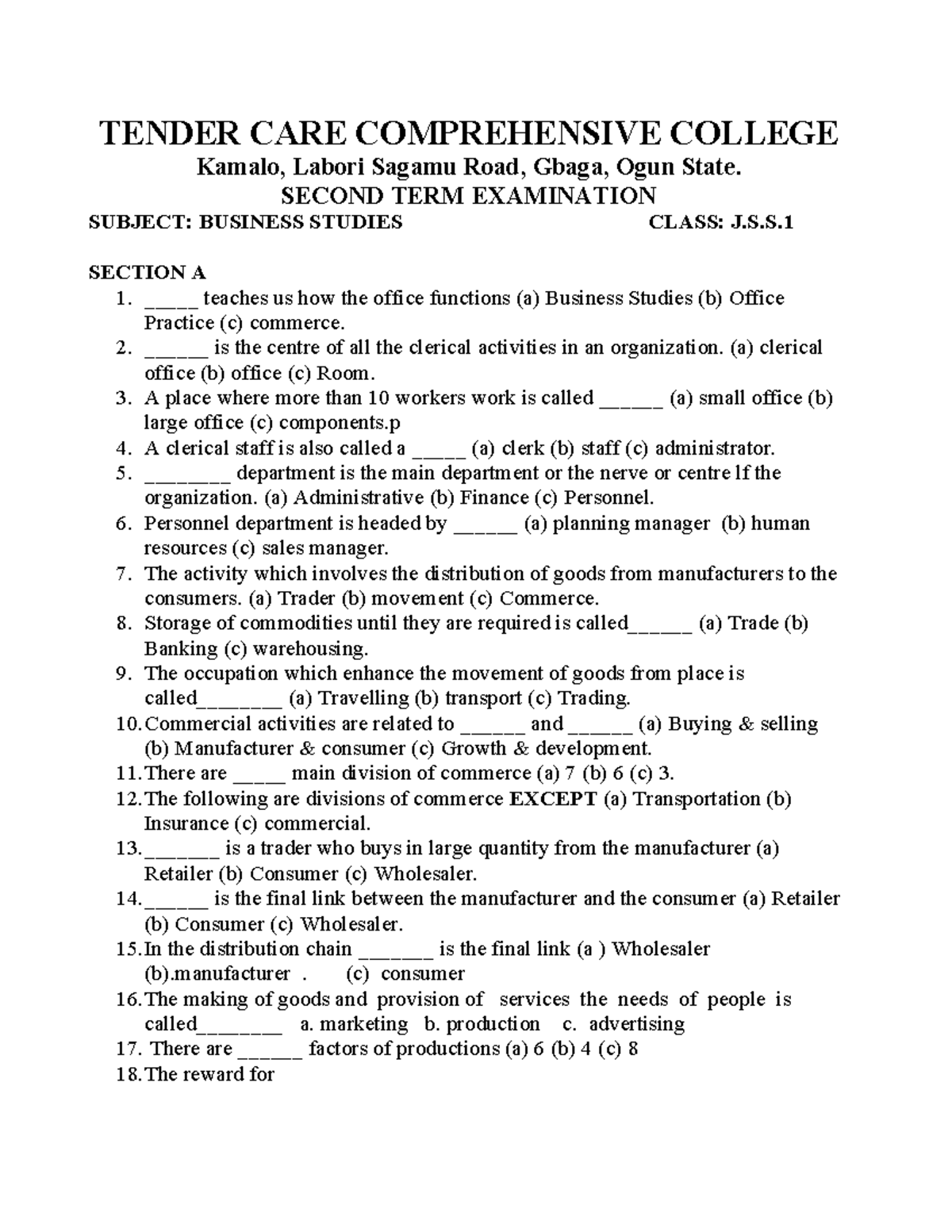 J.S.S.1 Business Studies Second Term Exam Questions - Studocu