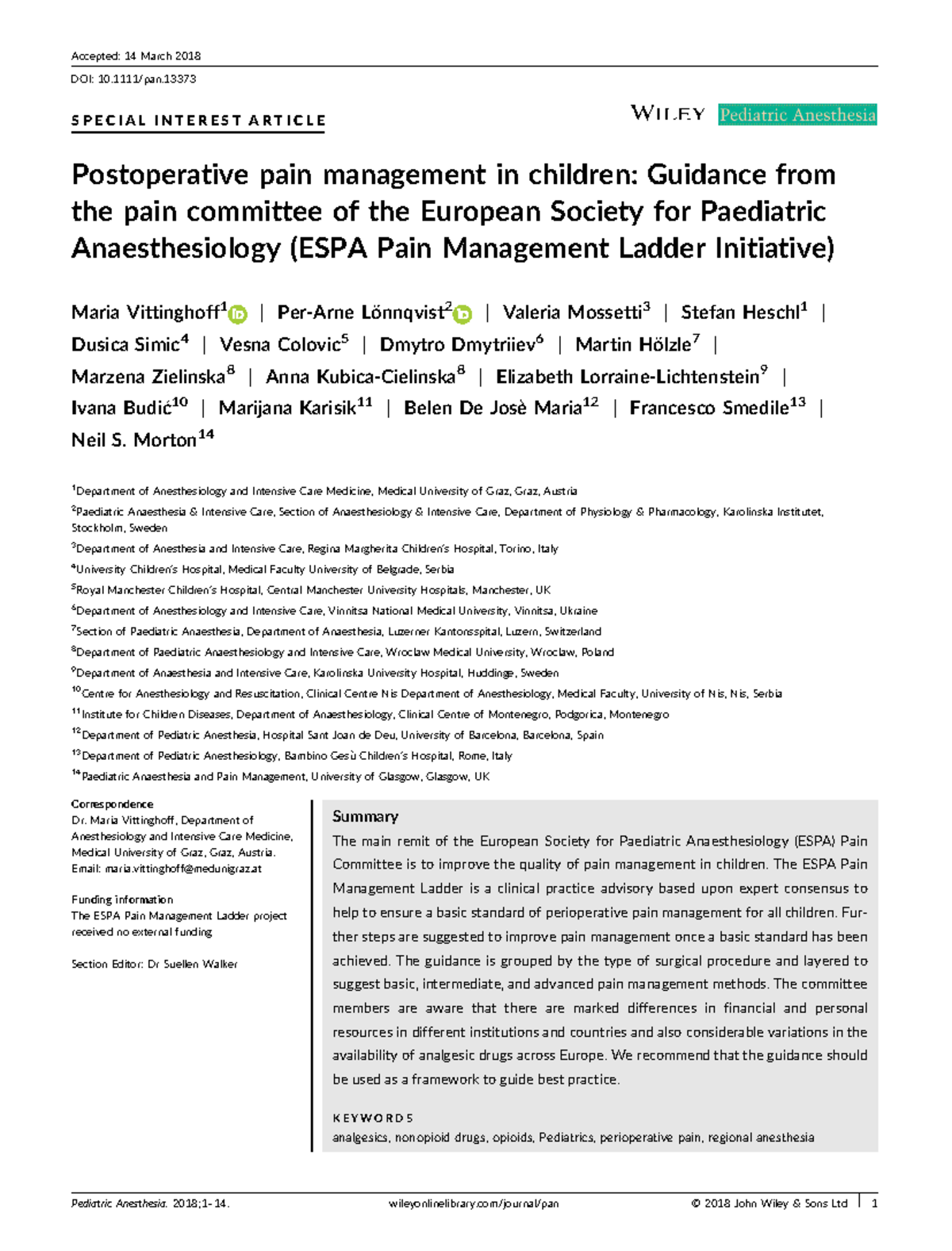 Postoperative Pain Management in Children: ESPA Guidelines (2018) - Studocu