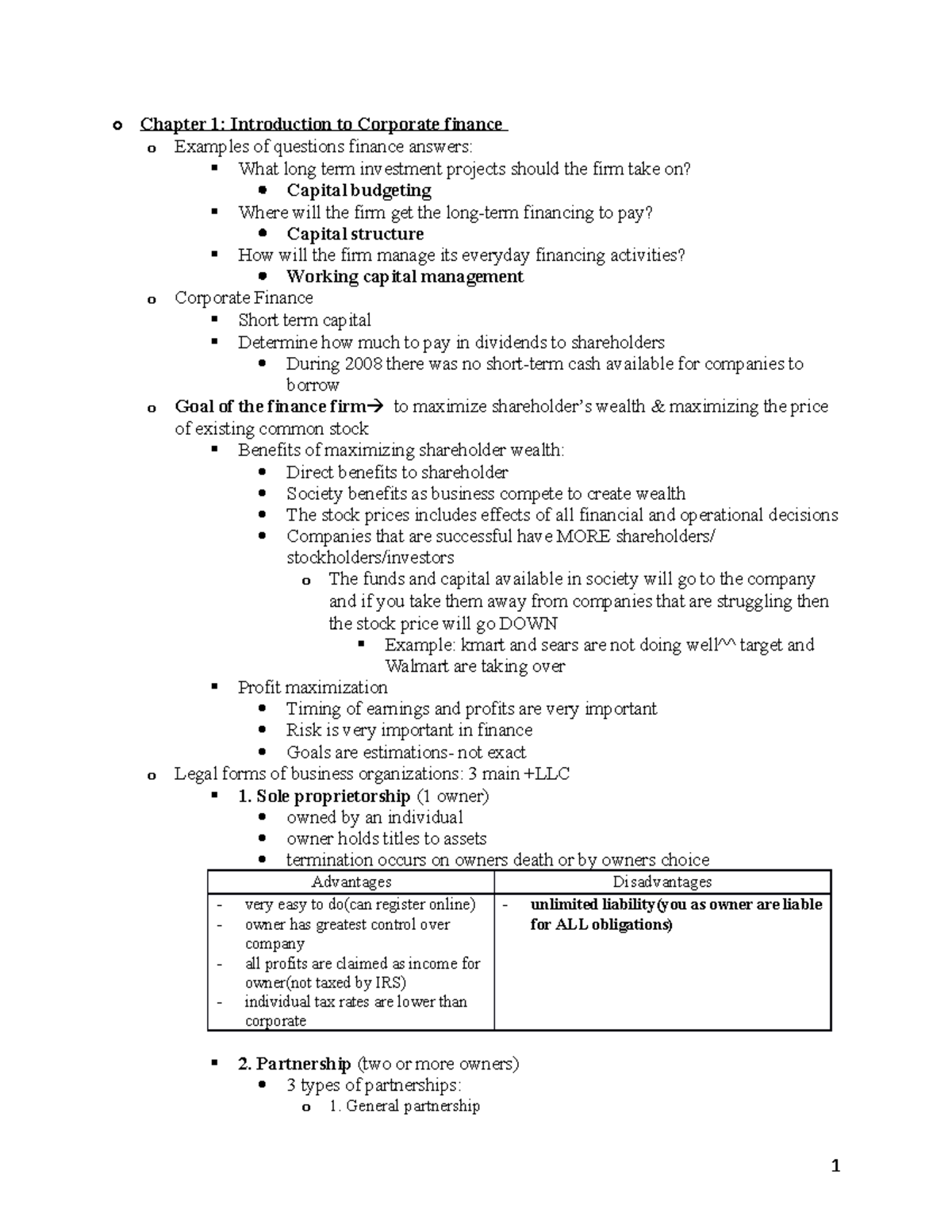 FINC311 exam 1 study guide - o Chapter 1: Introduction to Corporate ...