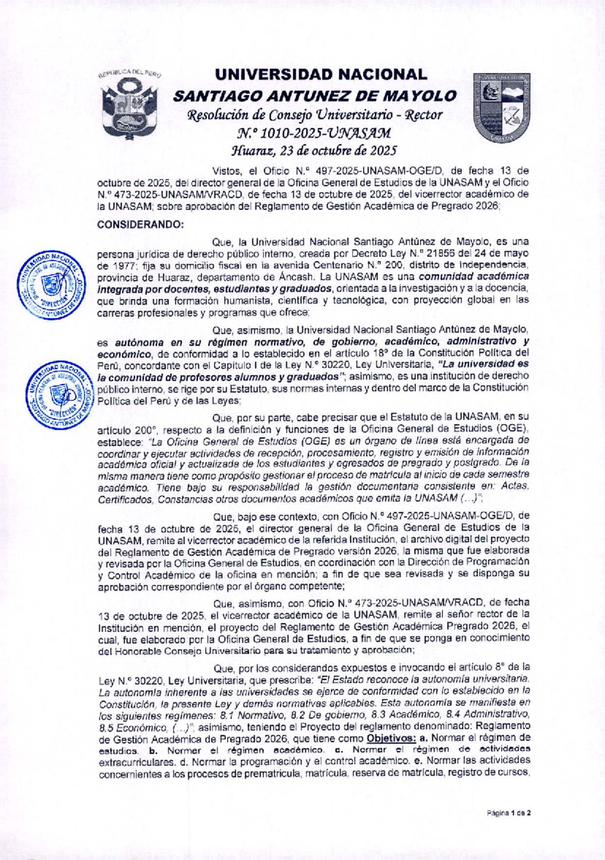 Reglamento de Gestión Académica de Pregrado 2026 - UNASAM - Document Preview