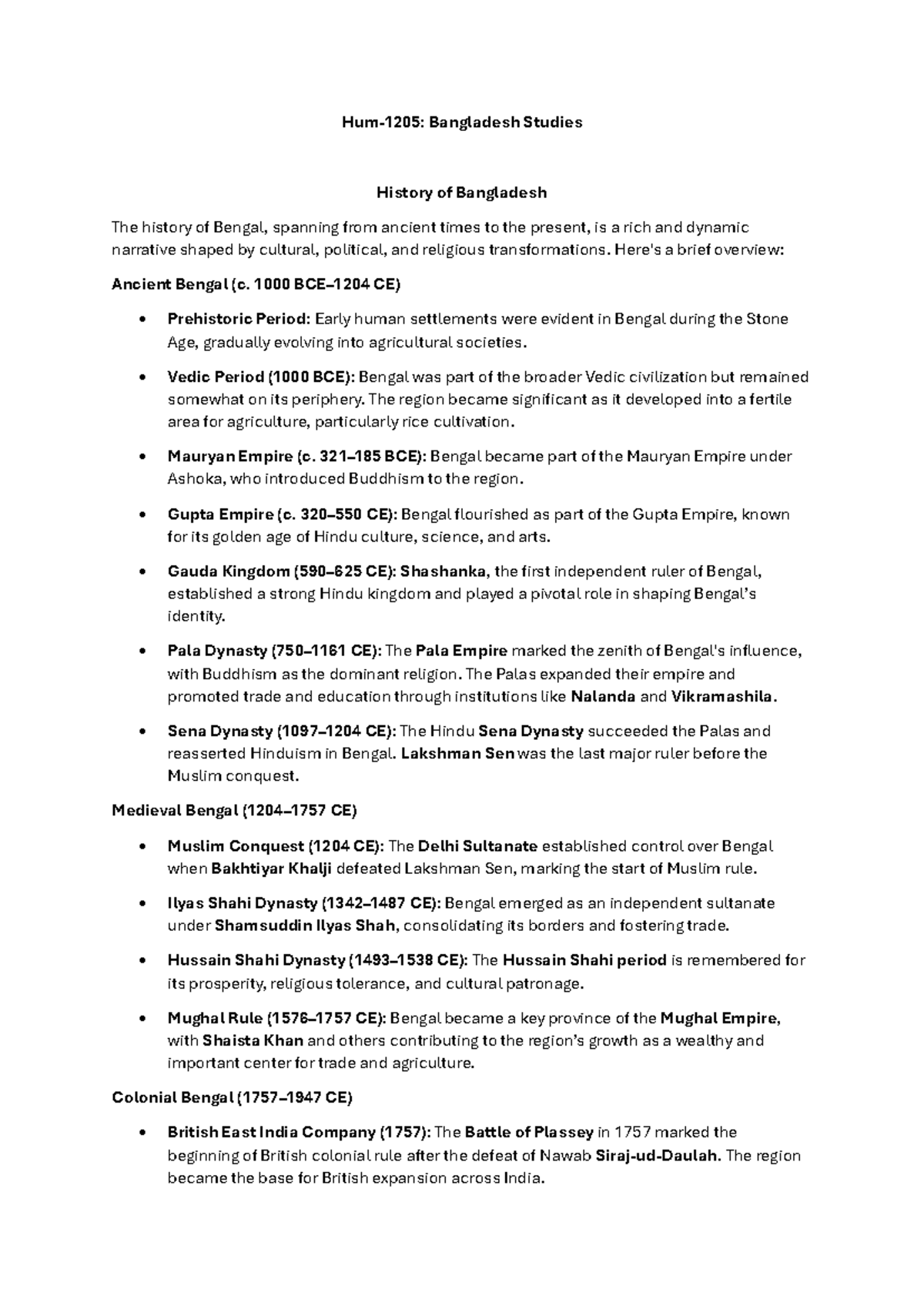 Bangladesh Studies: History Overview and Key Events (HIST 101) - Studocu