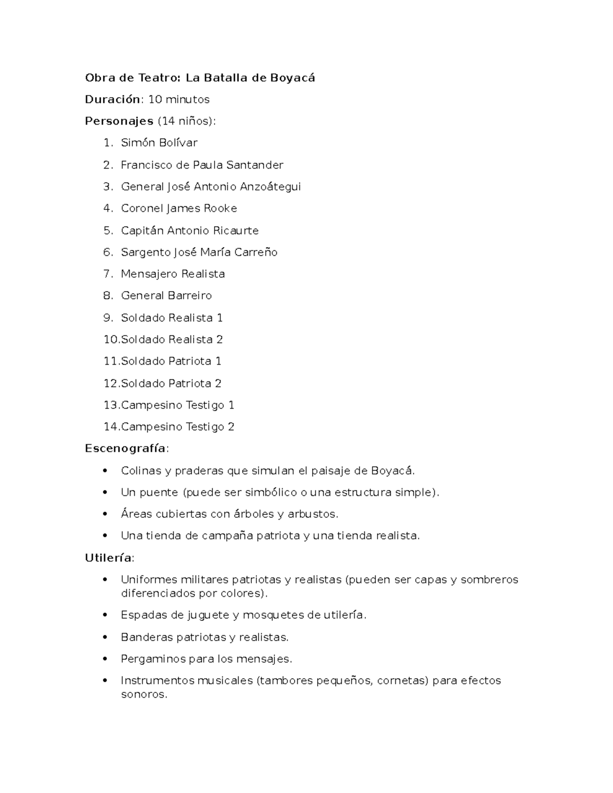 Obra de Teatro 1: La Batalla de Boyacá - Guion y Personajes - Document Preview