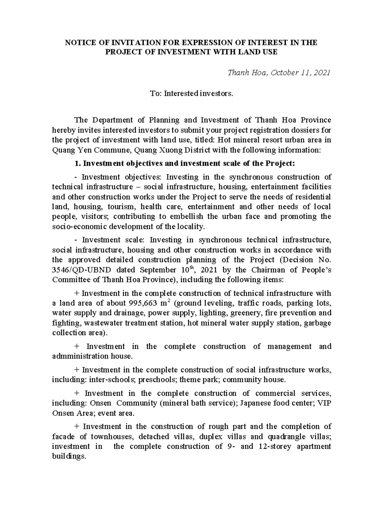 180D3174854 T1637L0: Notice for Investment Project Expression of ...