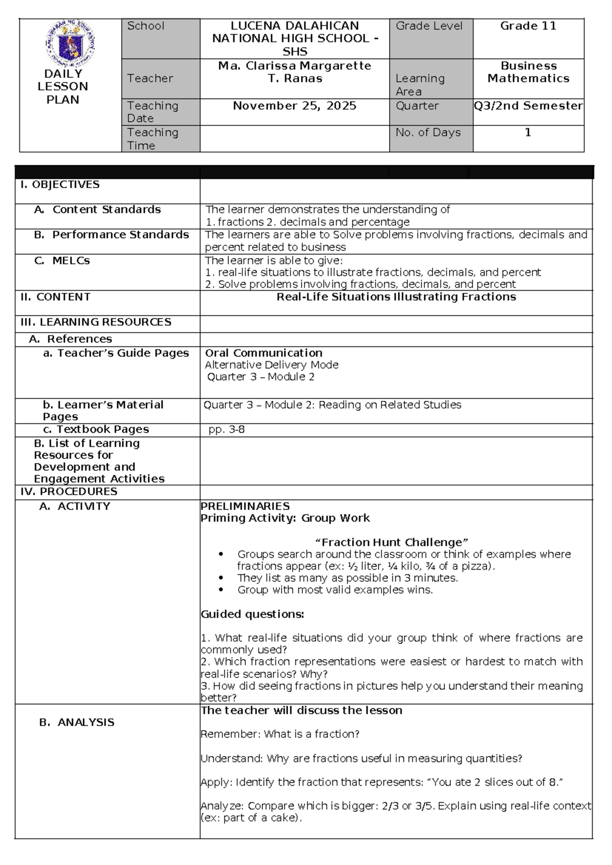 Q1 W2-D1: Daily Lesson Plan in Business Math for Grade 11 - Studocu