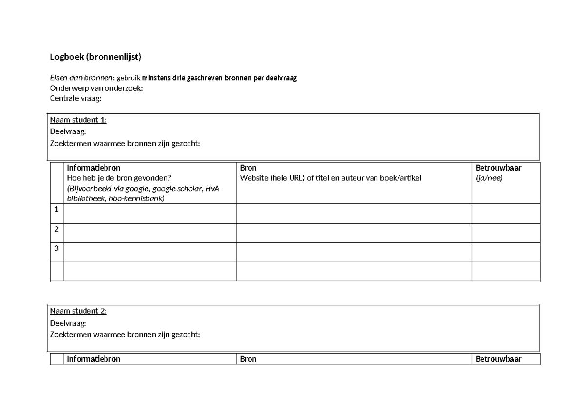 Template Logboek (bronnenlijst) voor Onderzoeksdocumenten - Studeersnel
