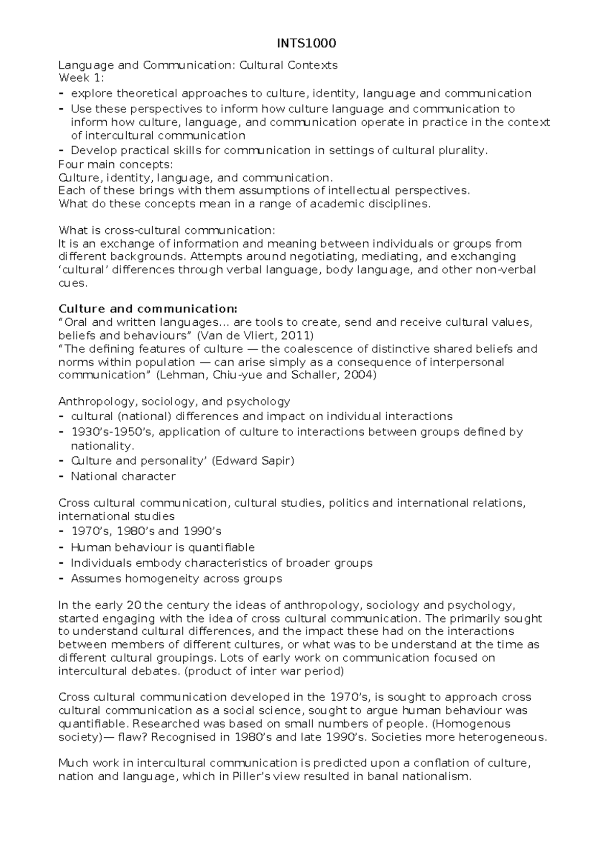 INTS1000 - Week 1 Lecture & Tutorial Notes on Culture & Communication ...