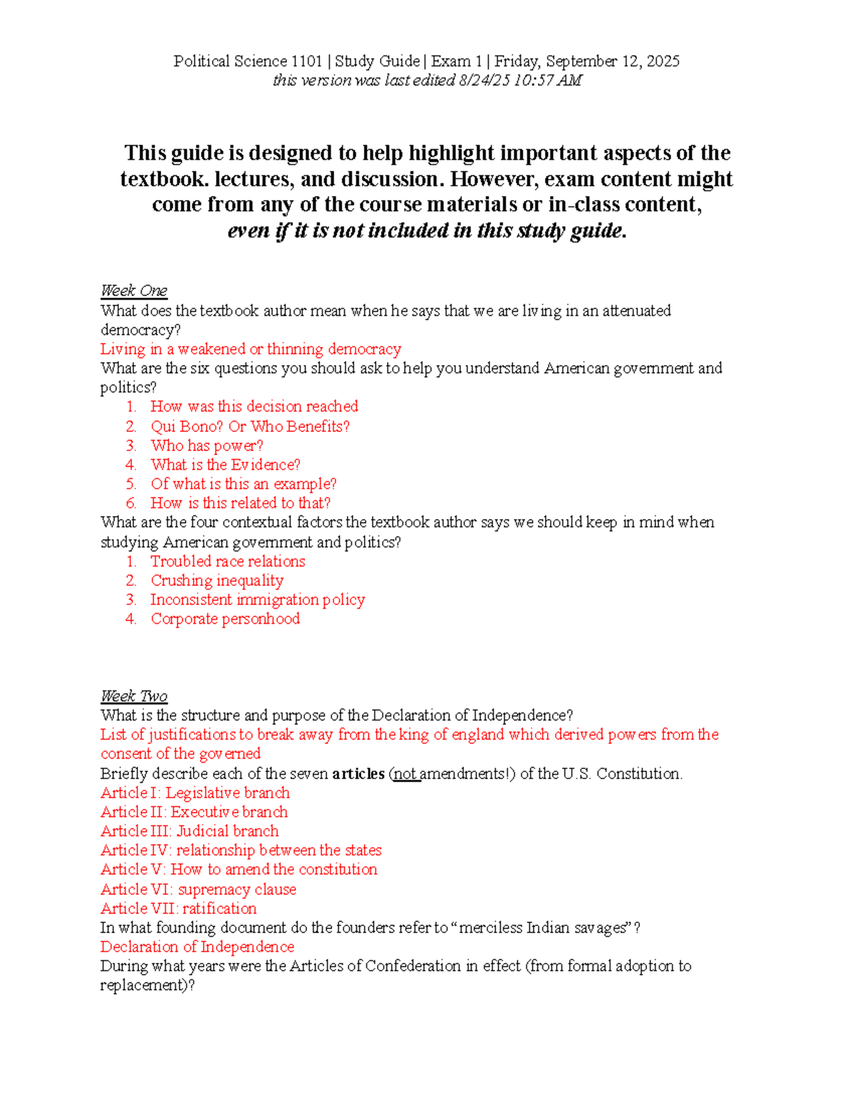 Political Science 1101 | Study Guide for Exam 1 | Key Concepts & Topics ...