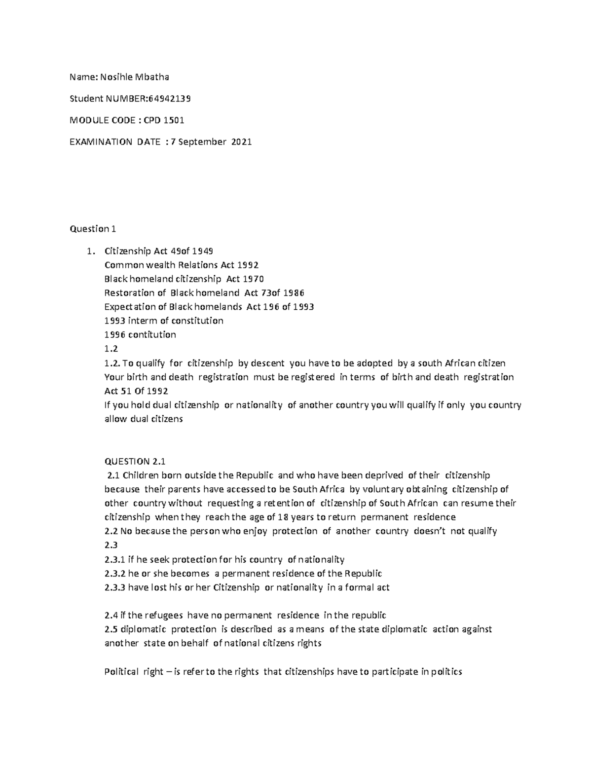 Cpd examination answers for 2021 November - Name: Nosihle Mbatha ...
