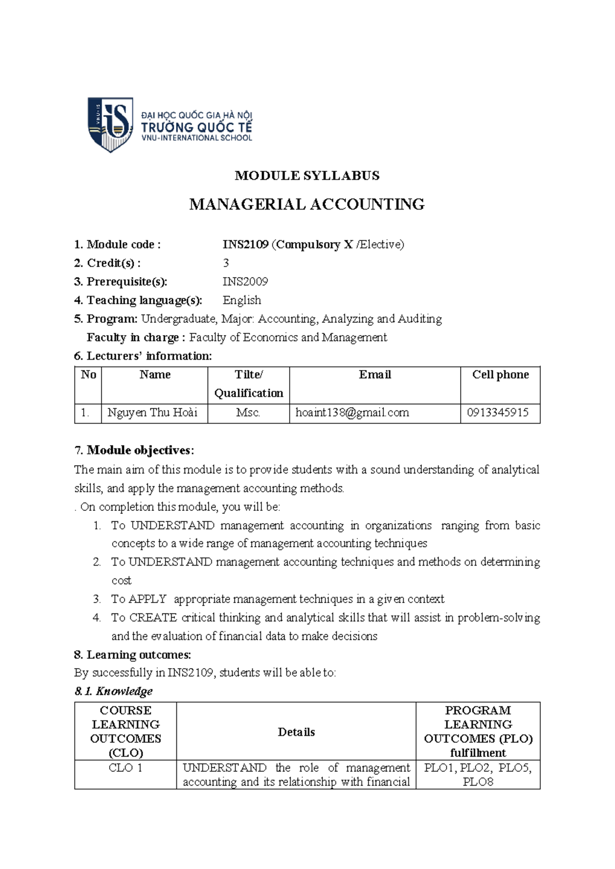 INS2109. Managerial Accounting Module Syllabus and Learning Outcomes ...