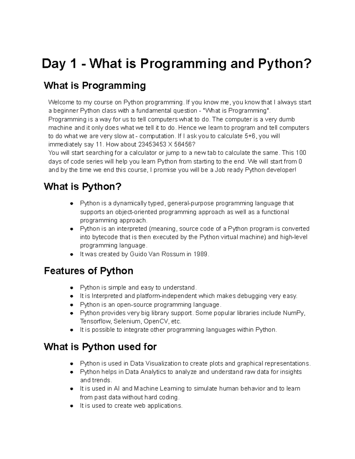 Python Programming Basics: Day 1 - Introduction to Python (CS101) - Studocu