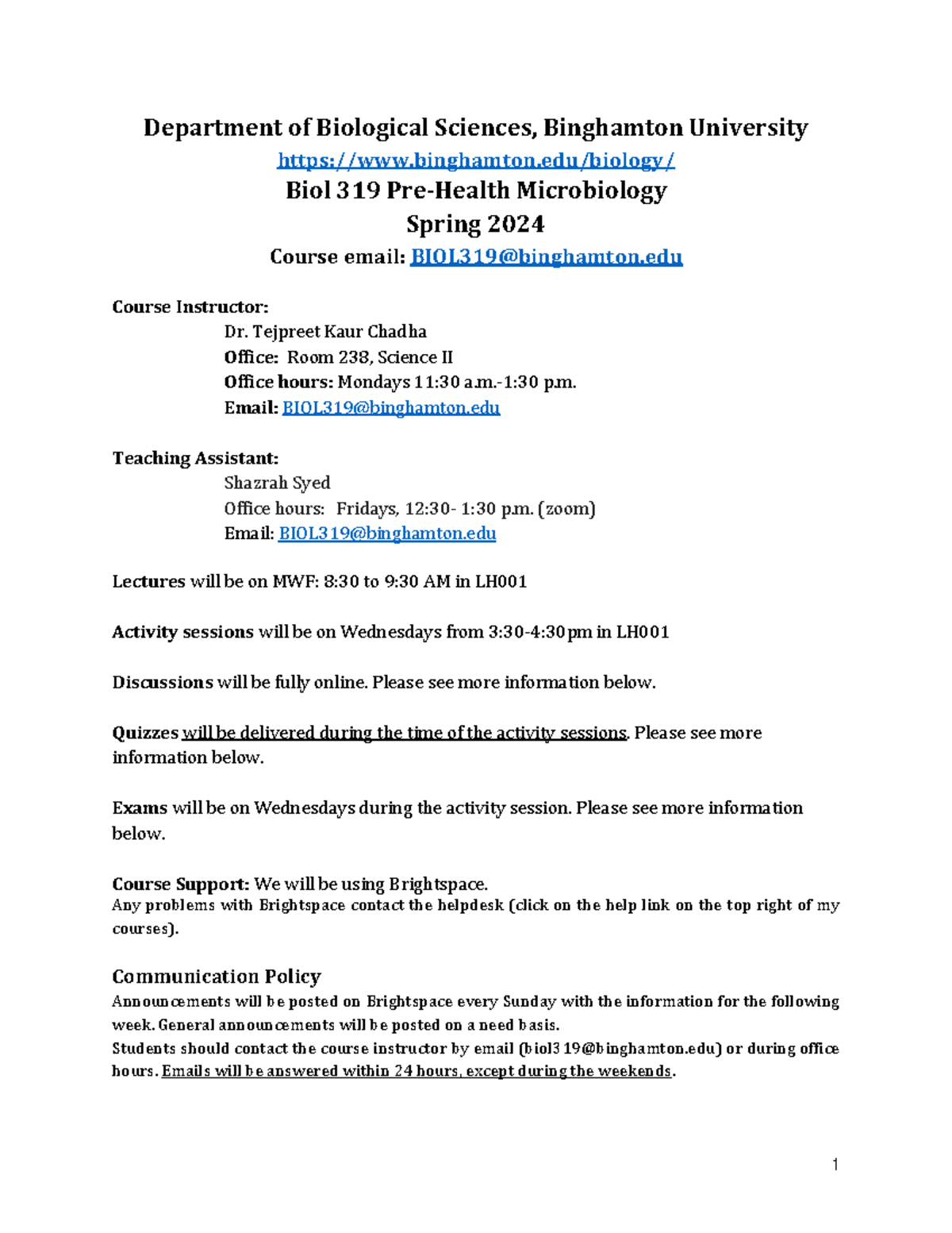 Biol 319 Syllabus: Pre-Health Microbiology Spring 2024 Overview - Studocu