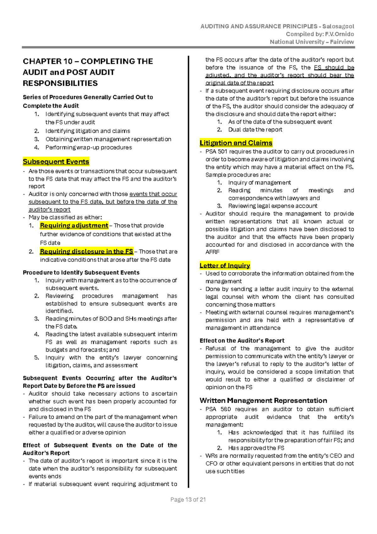 Auditing Theory Notes - Chapter 10: Completing the Audit Process - Studocu