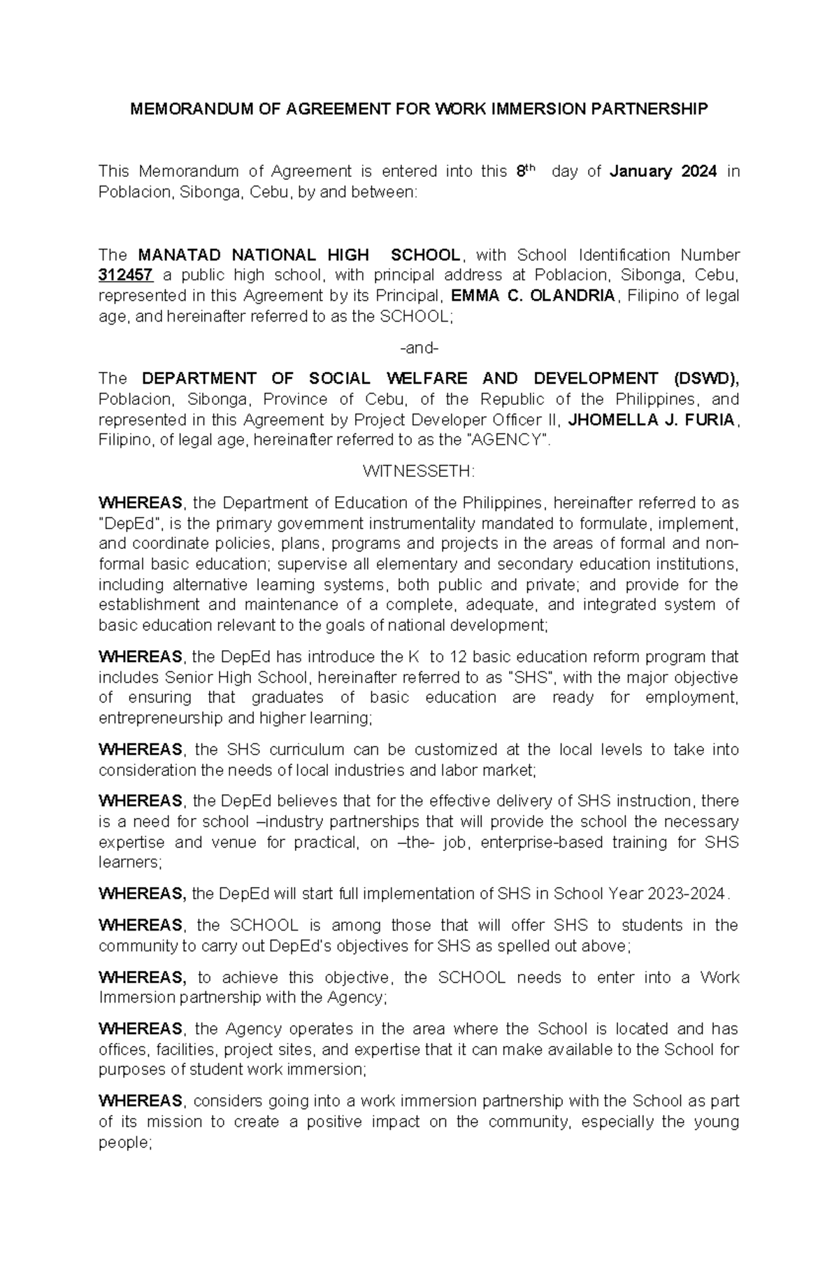 MOA-DSWD - Work Immersion Partnership Agreement for SHS 2023-2024 - Studocu