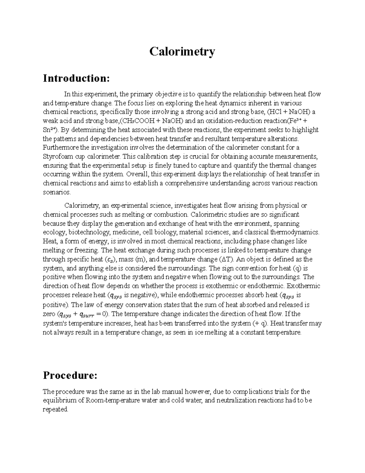Calorimetry Lab Report: Heat Flow & Reactions Analysis - Studocu