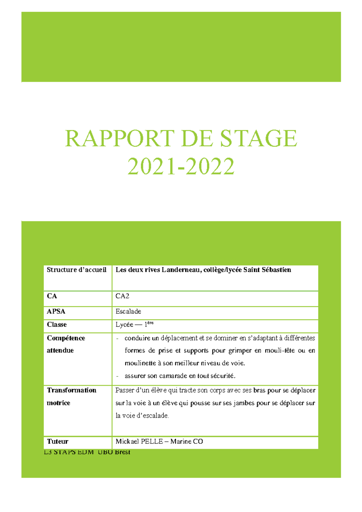 Rapport de Stage L3 STAPS - S6 au Collège Saint Sébastien 2021 - Studocu