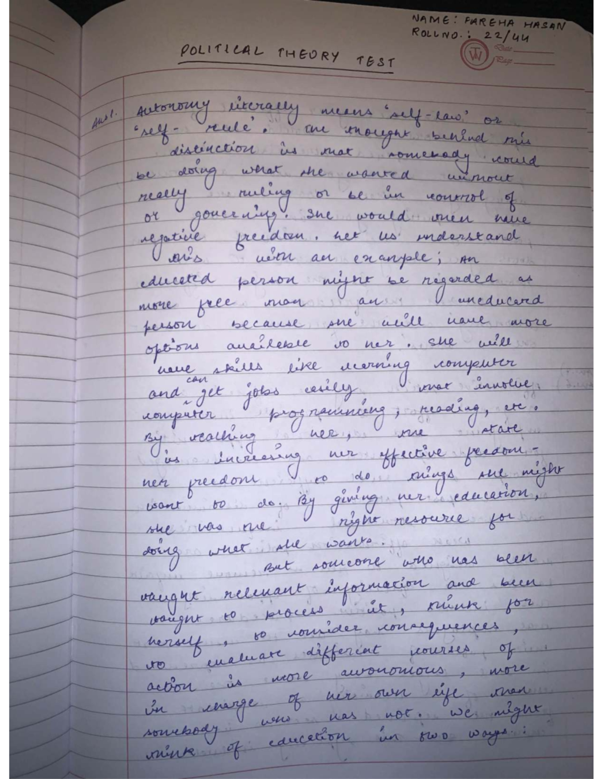 POL 21.14 - Political Theory Test Notes on Autonomy and Affirmative ...