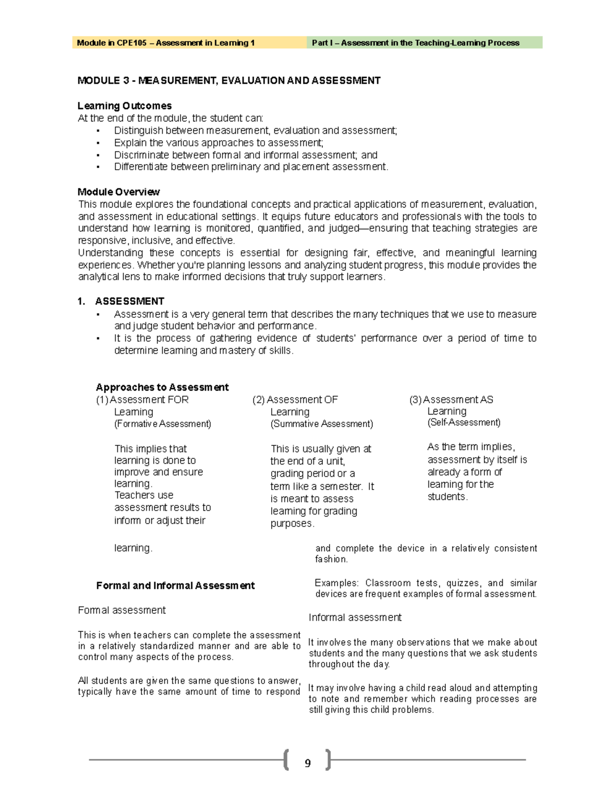 CPE105 Module 3: Measurement, Evaluation, and Assessment in Learning ...