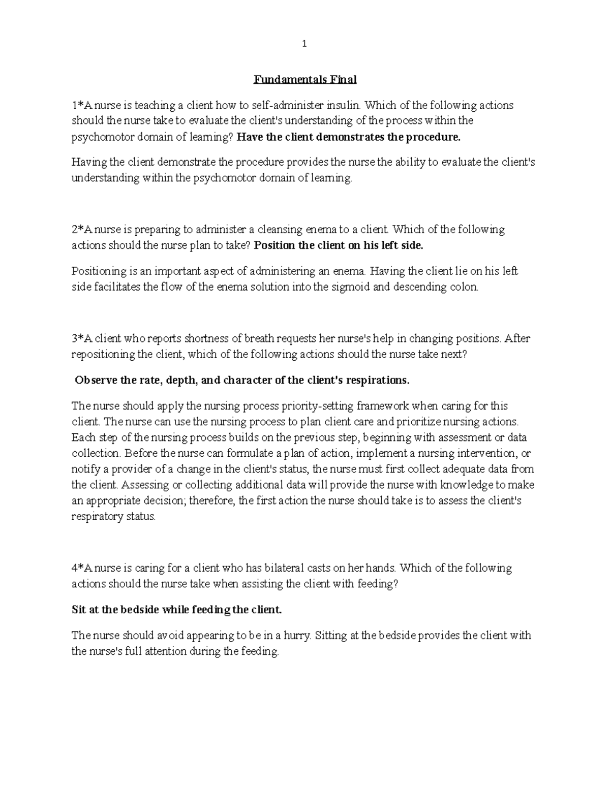 Fundamentals Nursing Final Exam Review - Key Concepts and Procedures ...