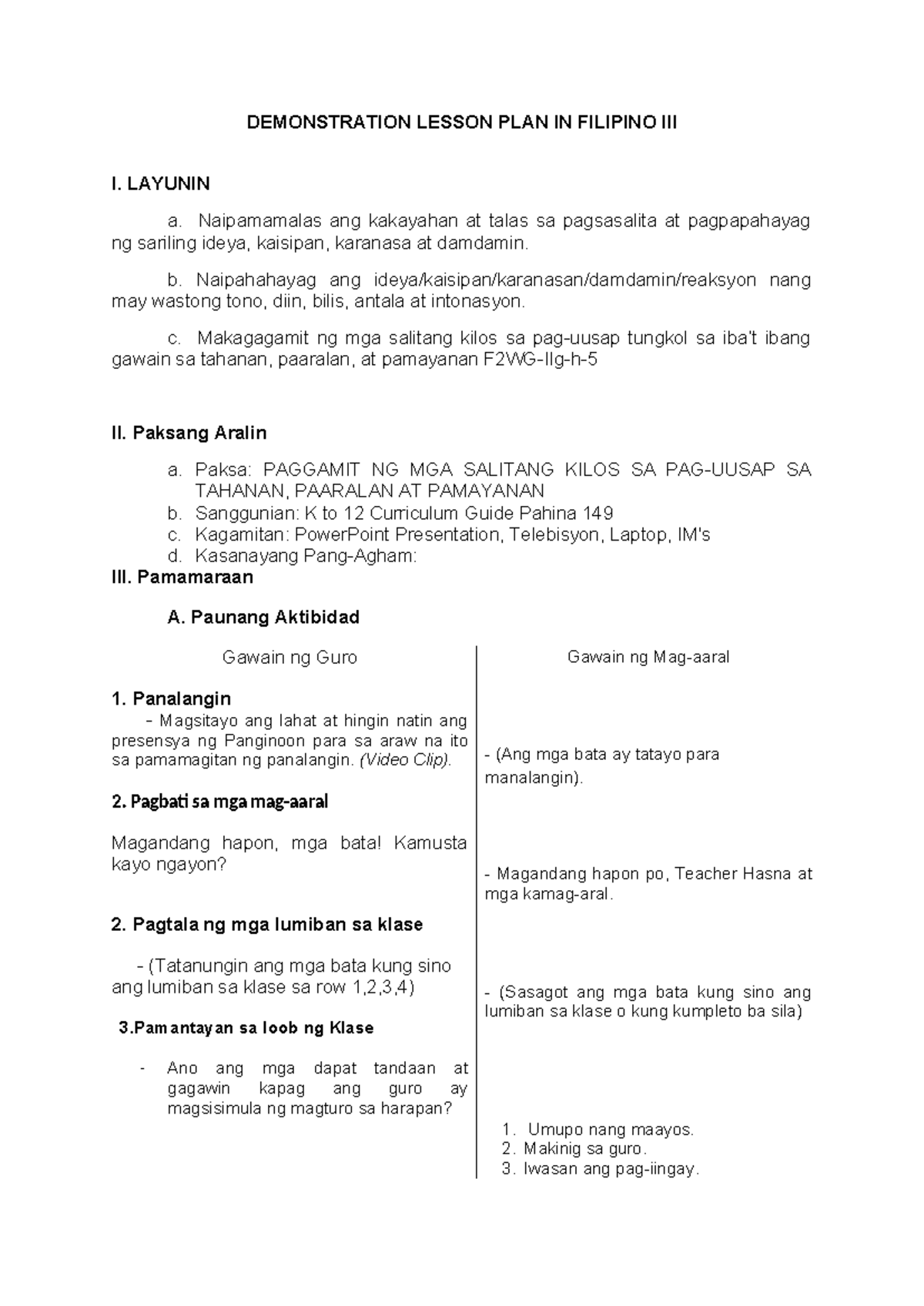 Lesson Plan in Filipino III: Week 2, Day 2 Activities and Objectives ...