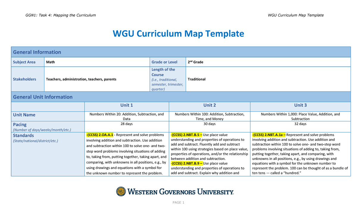 GGN1: Task 4 - Curriculum Mapping for 2nd Grade Math Standards - Studocu