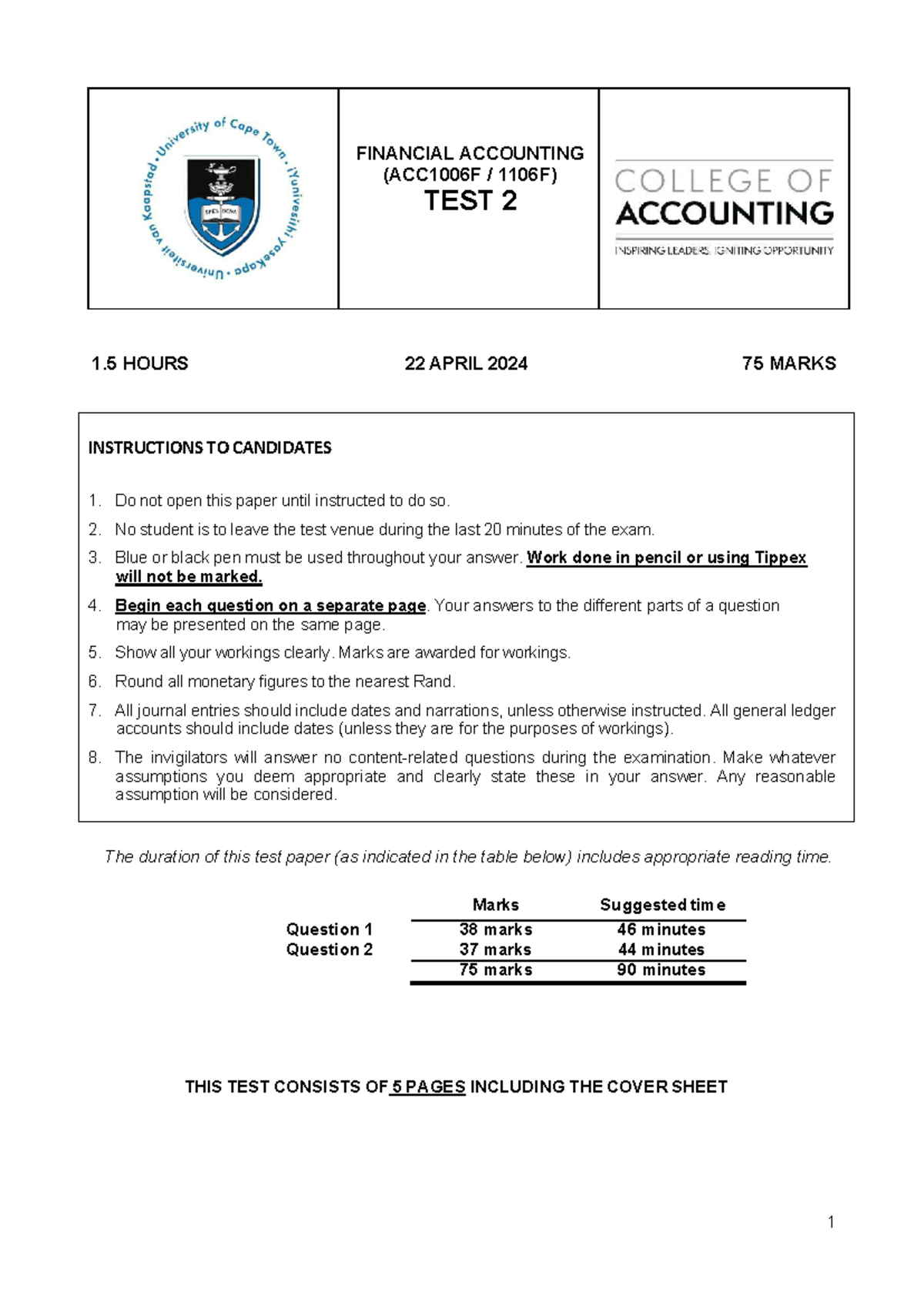 2024 ACC1006F Financial Accounting Test 2 Guidelines and Questions ...