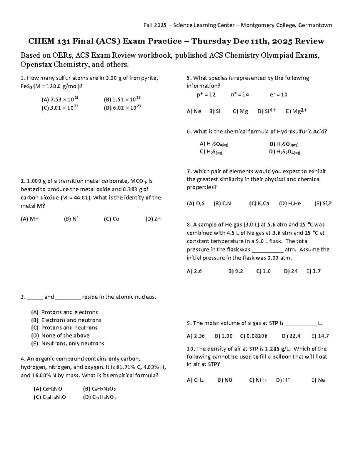 CHEM 131 Fall 2025 Final Exam Review Guide - Studocu