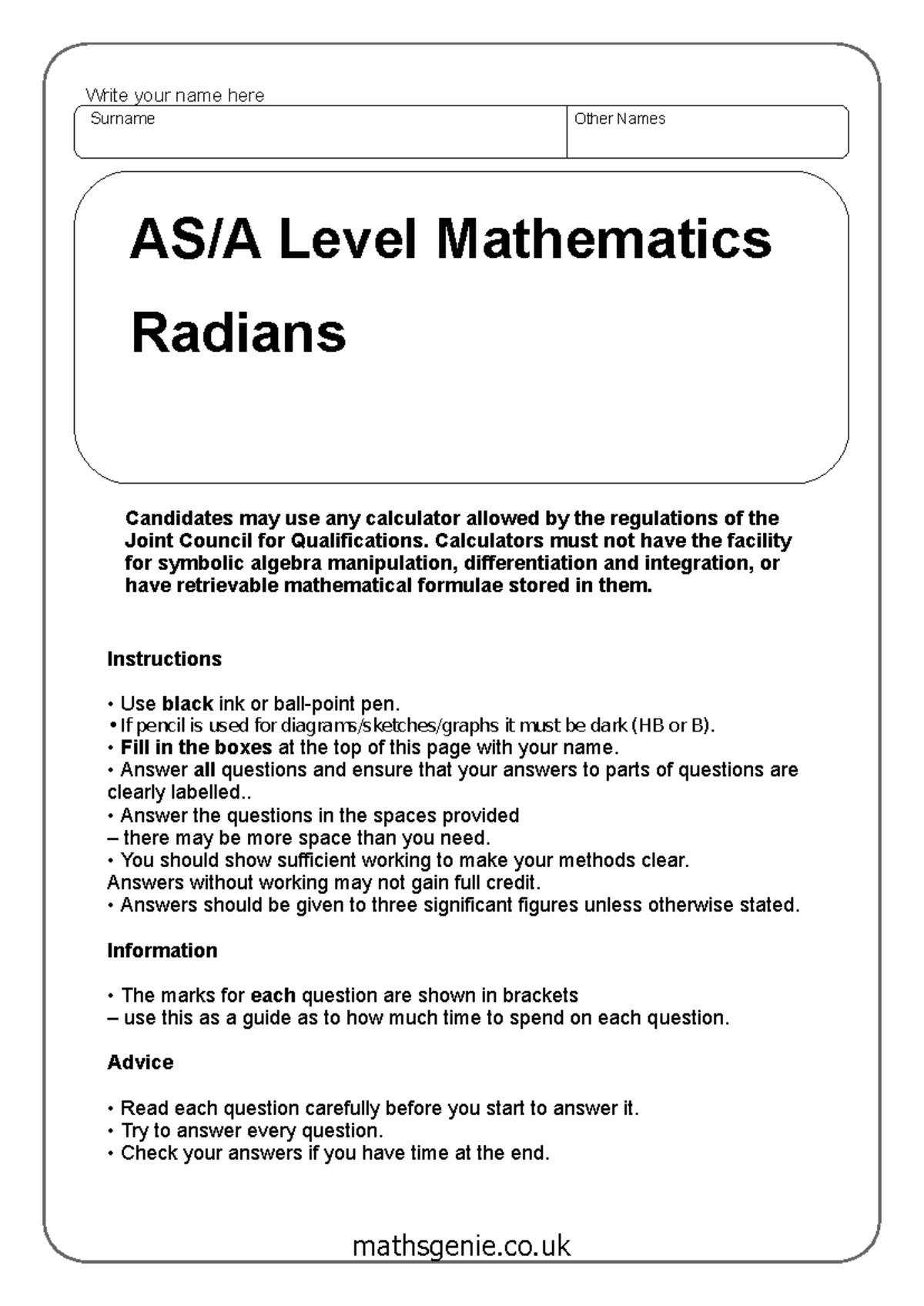 Mathematics Level Radians Past Paper Practice Questions - Studocu
