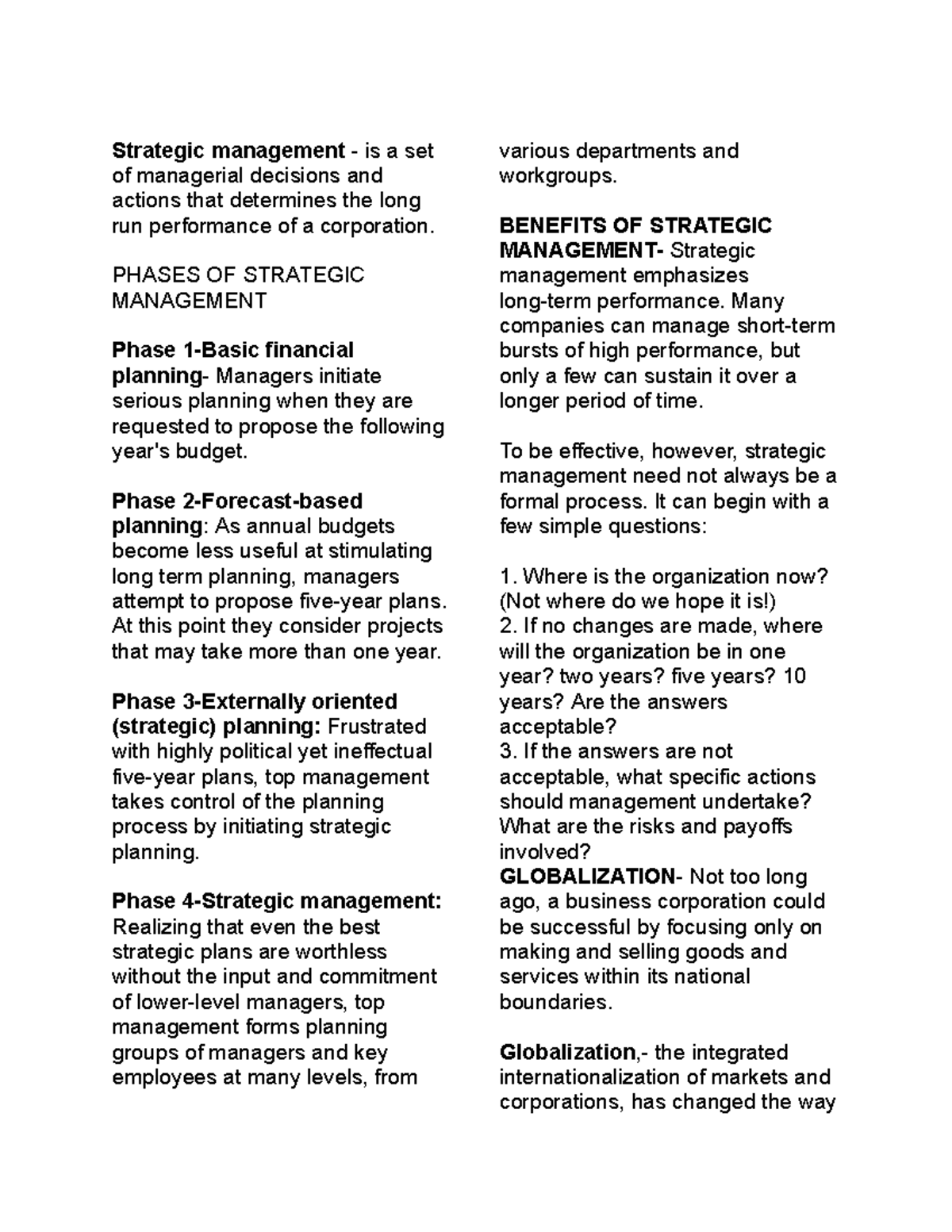 Strategic Management Overview and Key Phases - BUS 101 - Studocu
